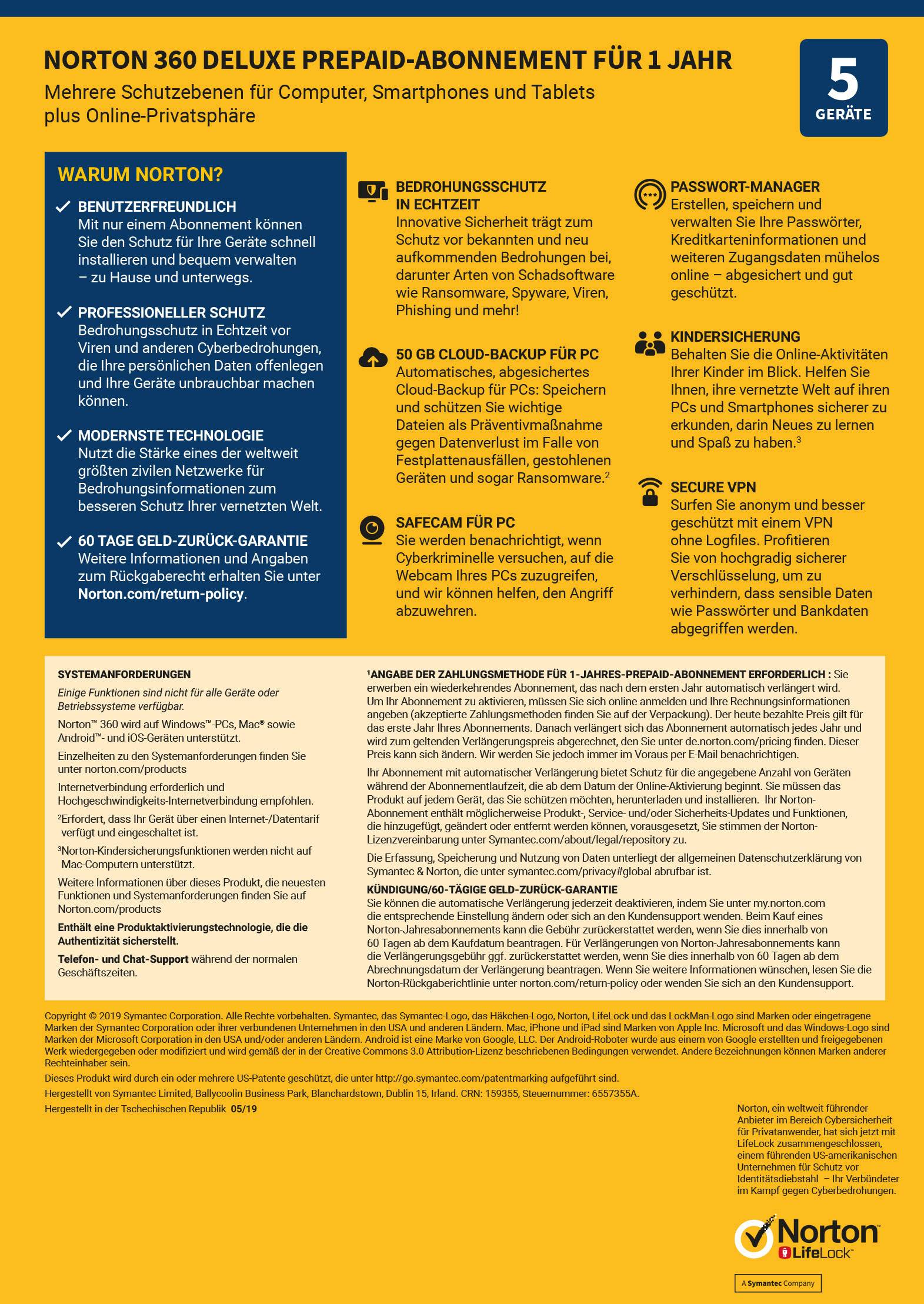 Norton Life Lock Norton™ 360 Deluxe 50GB GE 1 USER 5 DEVICE 12MO Jahreslizenz, 5 Lizenzen Windows, Mac, Android Antivirus
