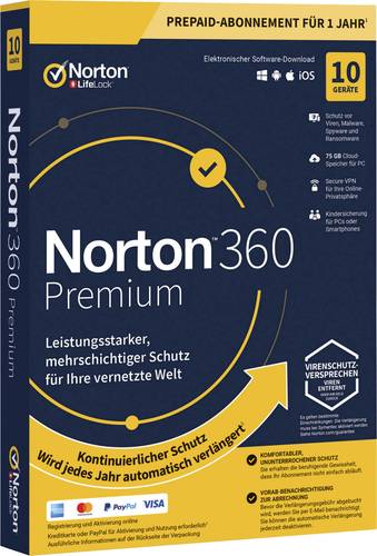 Norton Life Lock 360 PREMIUM 75GB GE 1 USER 10 DEVICE 12MO Jahreslizenz, 10 Lizenzen Windows, Mac, A