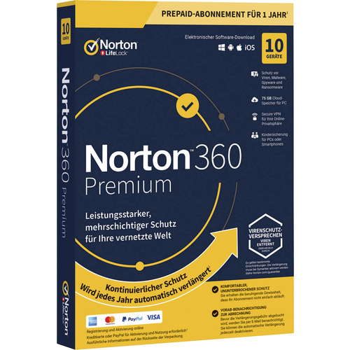 Norton Life Lock Norton™ 360 Premium 75GB GE 1 USER 10 DEVICE 12MO Jahreslizenz, 10 Lizenzen Windows, Mac, Android Antivirus