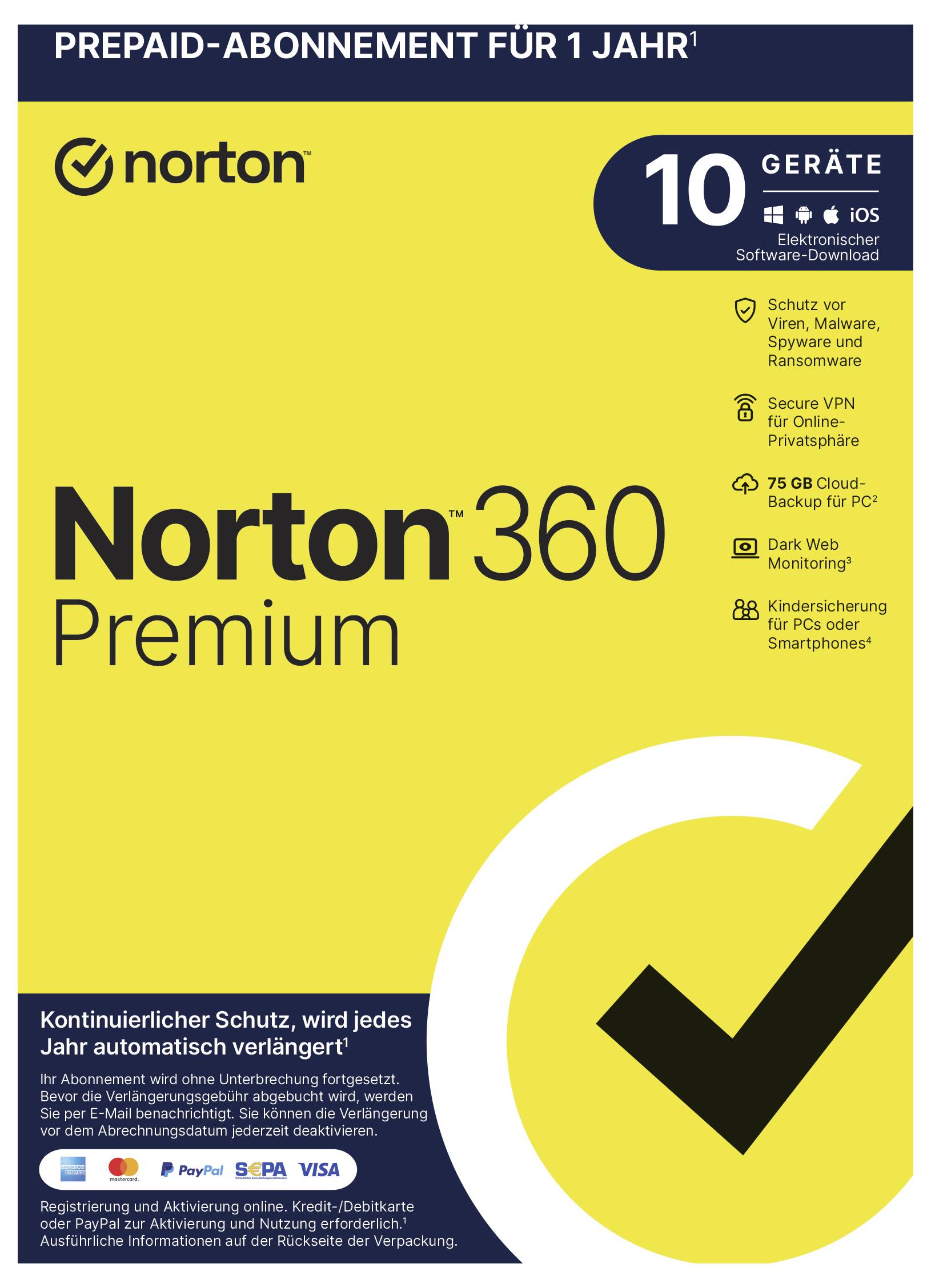 Norton Norton™ 360 Premium 75GB GE 1 USER 10 DEVICE 12MO Jahreslizenz, 10 Lizenzen Windows, Mac, Android Antivirus