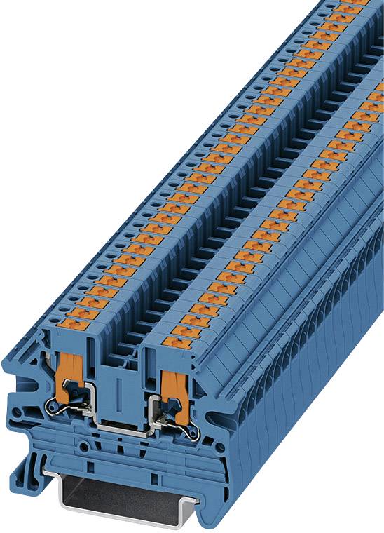 Blauer Reihenklemmenblock mit orangen Kontakten, vertikal gestapelt. Verwendet für elektrische Verbindungen in Schalttafeln.