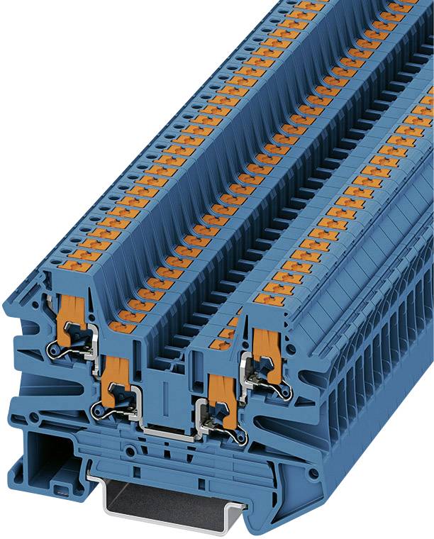 Blauer, modularer Steckverbinder mit mehreren Ebenen und Klemmen, geeignet für die Installation in elektrischen Schalttafeln.