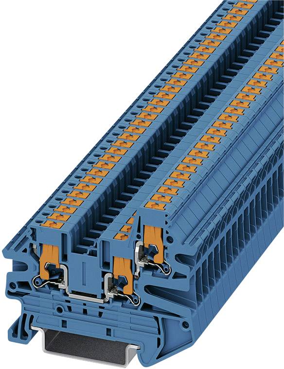 Klemmenleiste in Blau und Orange, zeigt mehrere Anschlussklemmen. Sie ist auf einem grauen Sockel montiert, für elektrische Verdrahtung.