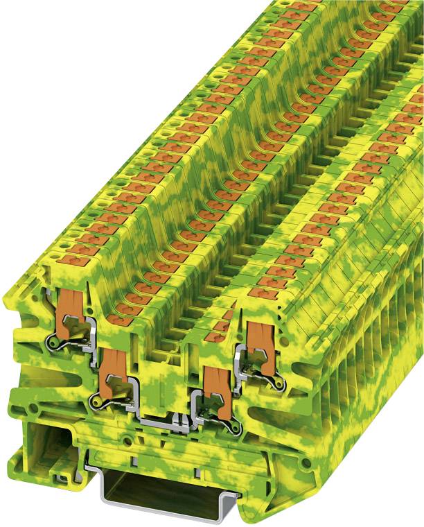 Elektrische Reihenklemme in gelb-grüner Tarnfarbe mit mehreren Anschlussplätzen, geeignet für industrielle Verdrahtung und Erdung.