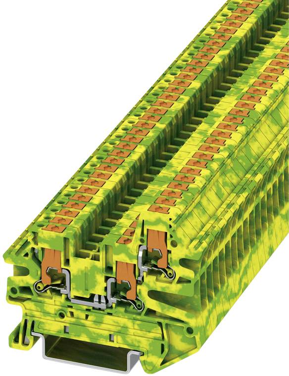 Ein mehrfarbiger Klemmenblock mit grünen und gelben Teilen zur elektrischen Verbindung.