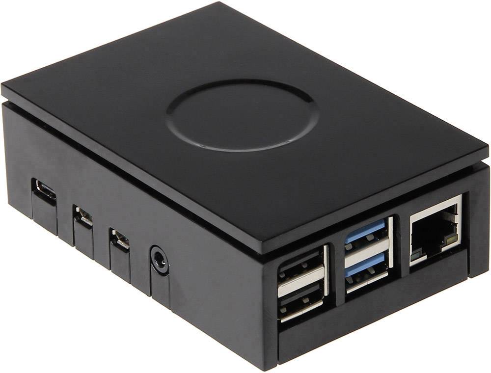 Ein schwarzes Computergehäuse mit mehreren USB-Anschlüssen und einem Ethernet-Anschluss, geeignet für ein Raspberry Pi.