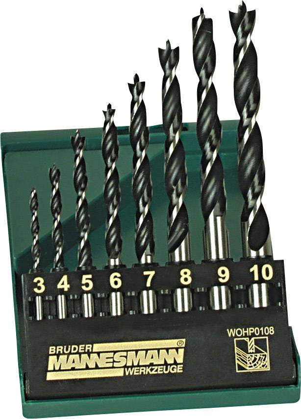 Bohraufsatz-Set mit sieben schwarz-silbernen Spiralbohrern in steigenden Größen von 3 bis 10 mm in einer grünen Halterung.