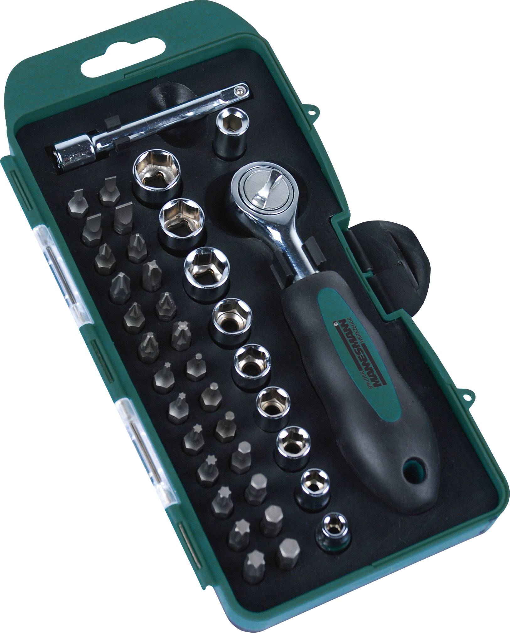 Ein Satz von Steckschlüsseln und Bits in einer grünen Tragetasche, einschließlich Ratsche, Verlängerungsstange und verschiedenen Aufsätzen.