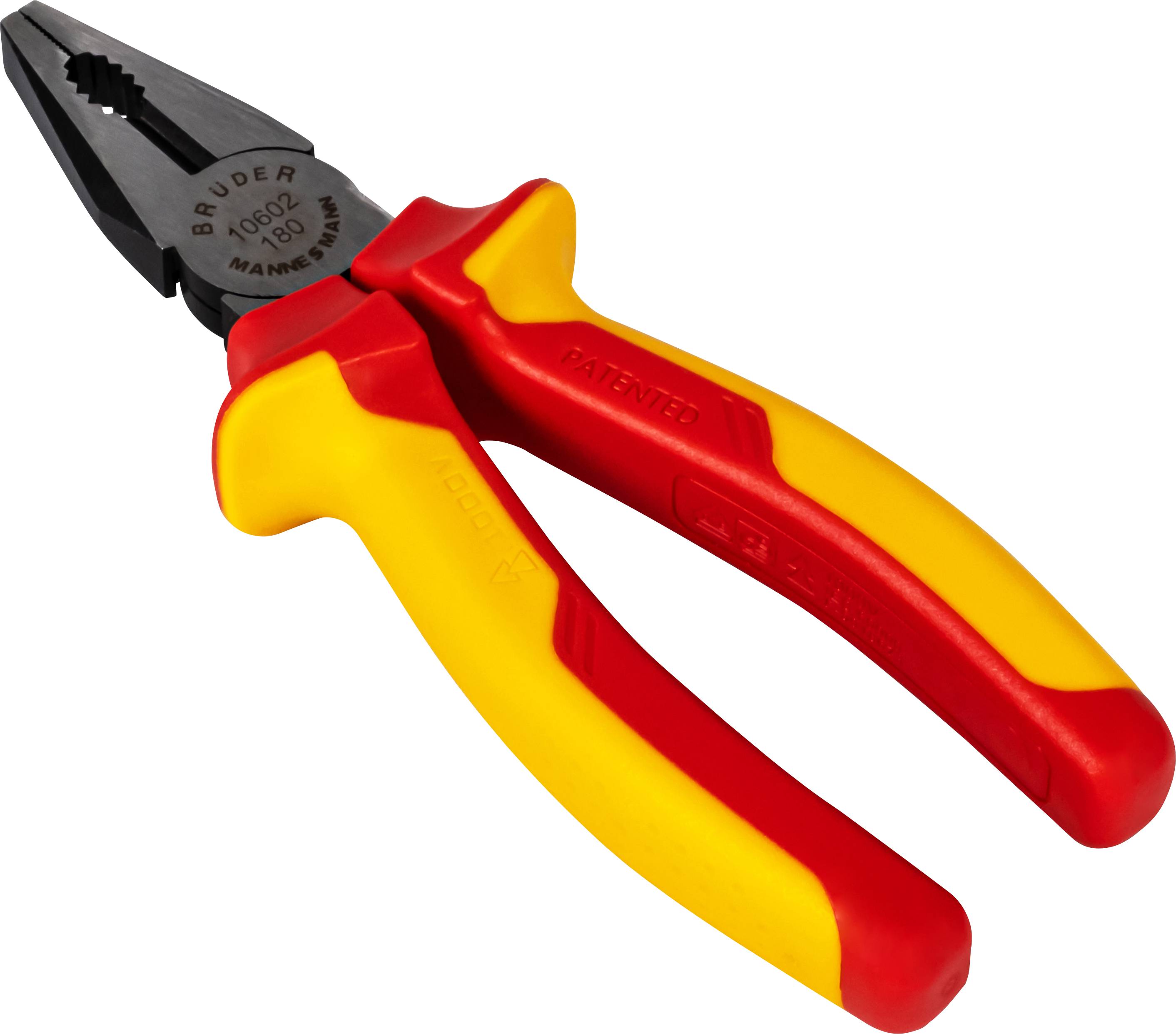 Eine rote und gelbe Kombizange mit isolierten Griffen. Geeignet für Arbeiten an elektrischen Anlagen.