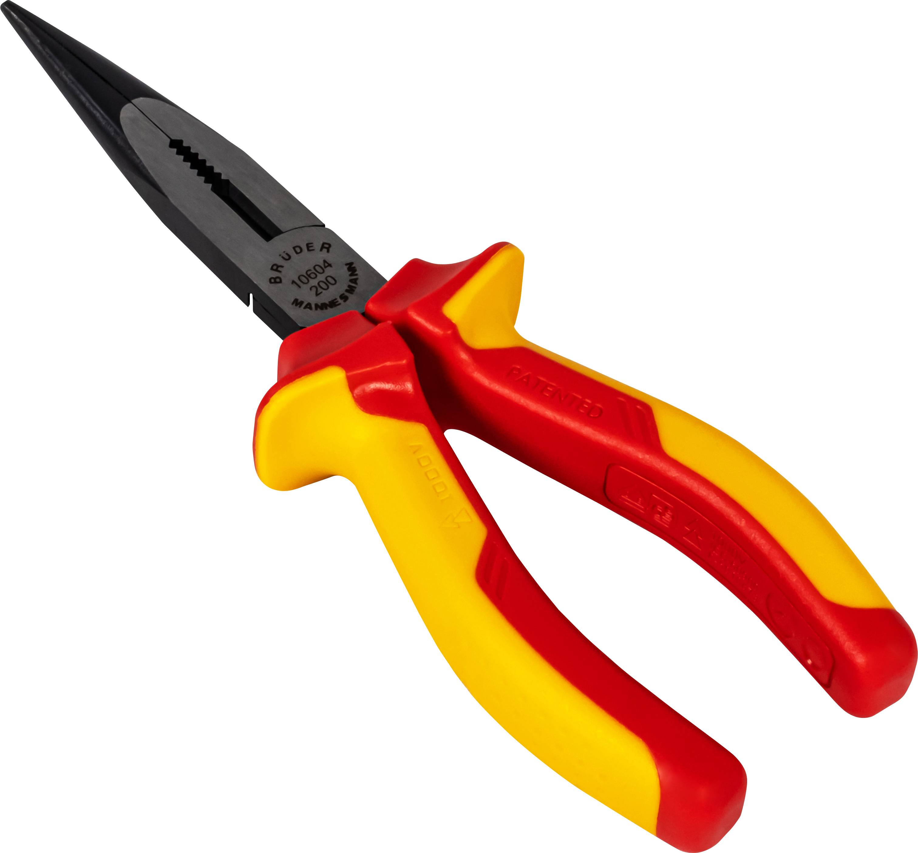 Isolierwerkzeug mit roten und gelben Griffen, geeignet für Arbeiten an elektrischen Leitungen.