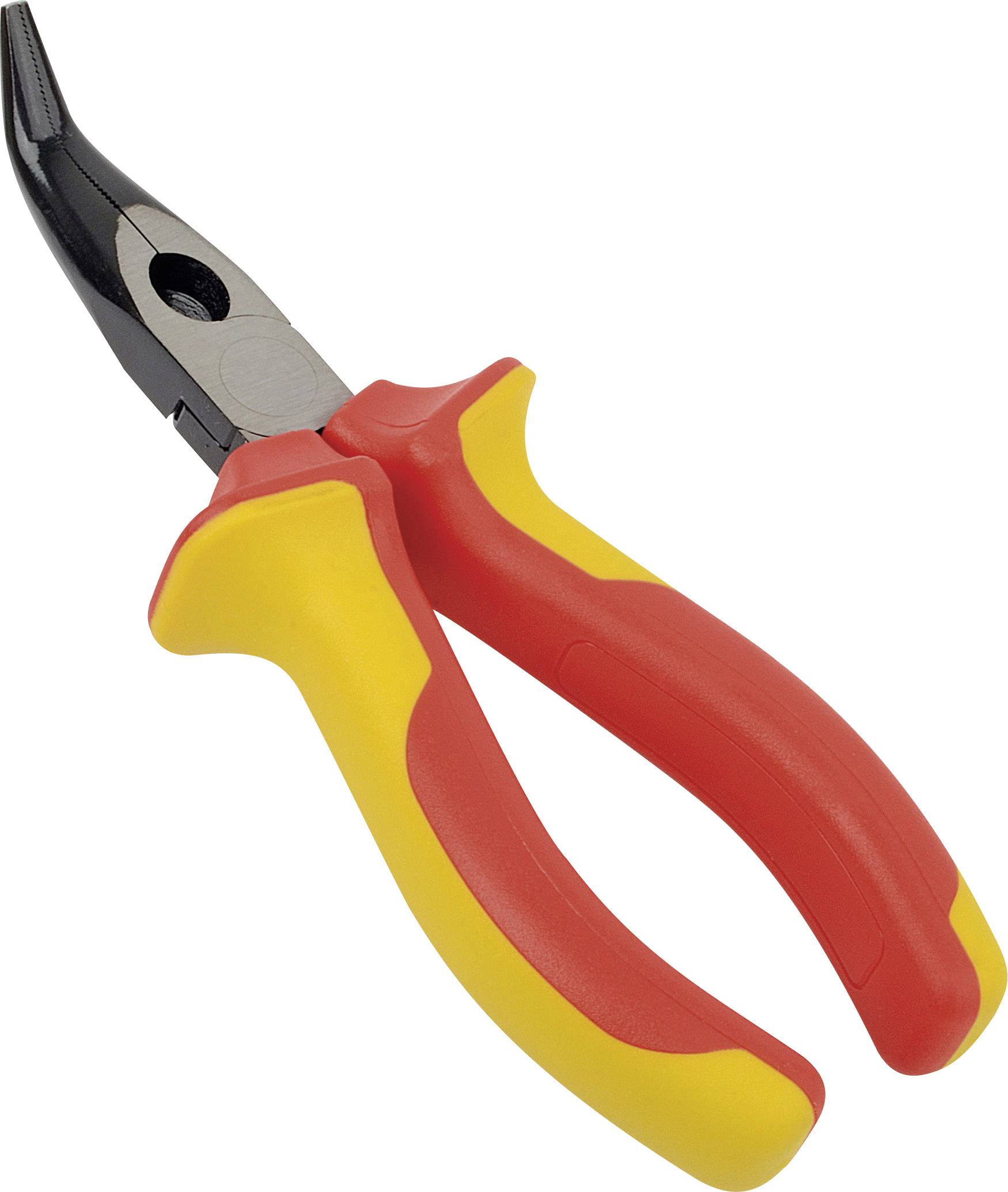 Eine gelb-rote VDE-geprüfte Zange mit isolierten Griffen, geeignet für Elektroarbeiten.