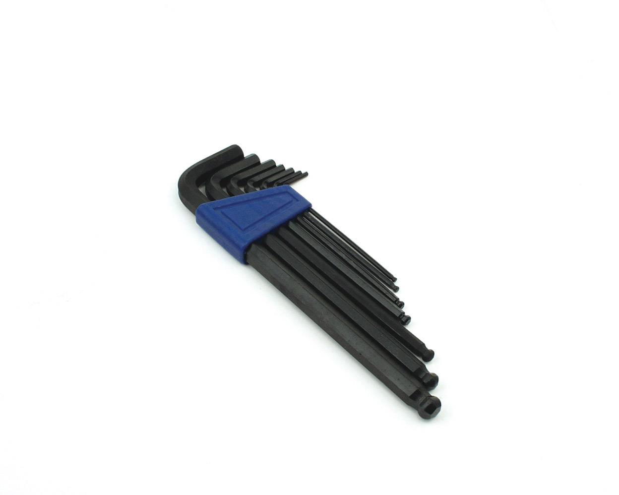 Ein Set von neun schwarzen Inbusschlüsseln in verschiedenen Größen, gehalten von einer blauen Kunststoffhalterung.