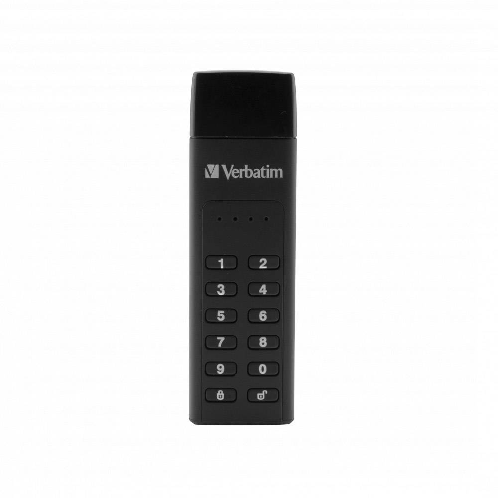 Ein schwarzer USB-Stick mit Tasten 0-9 und einer Sperrtaste. Markierung: 'Verbatim'. Design für zusätzliche Datensicherheit.