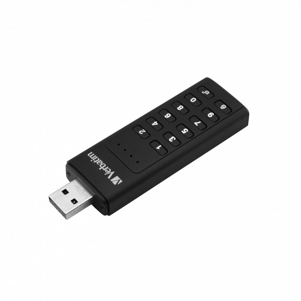 Ein schwarzer USB-Stick mit Tasten zur Eingabe eines Codes. Sicherheitsmerkmal zur Datensicherung. Markenlogo auf der Oberfläche.