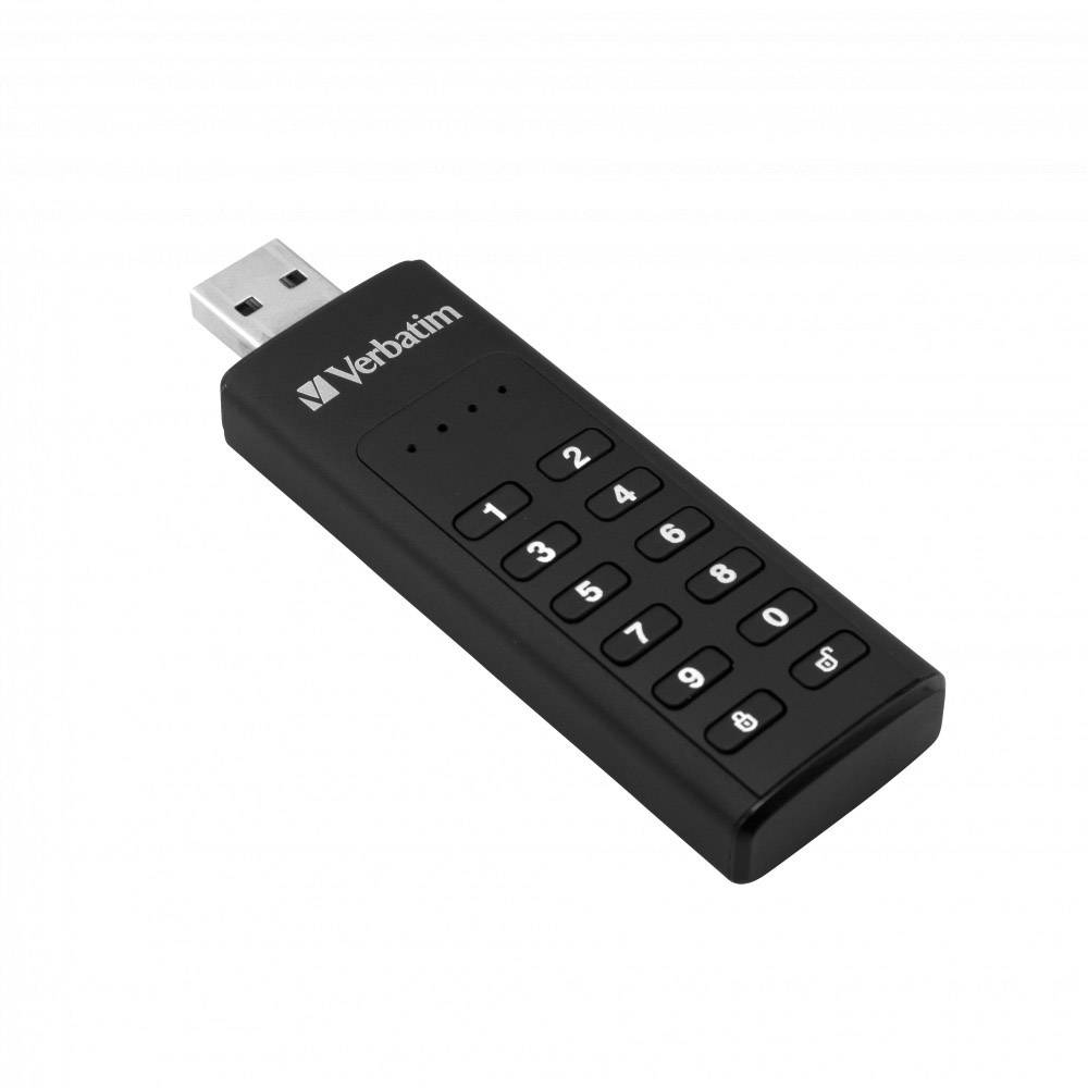 USB-Stick mit Nummern-Pad zur Eingabe eines PINs. Markennamen 'Verbatim' sichtbar. Schwarz, kompakt, dient zur sicheren Datenspeicherung.