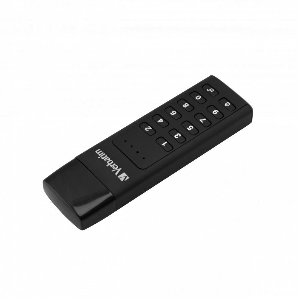 Schwarzer USB-Stick mit Nummernblock und Firmenlogo, dient zur sicheren Datenspeicherung und -übertragung.