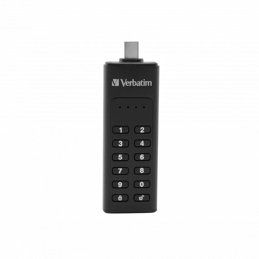 Ein schwarzer USB-Stick mit Tastenfeld zur Zahleneingabe auf der Vorderseite, Marke Verbatim, überwiegend für sichere Datenspeicherung.