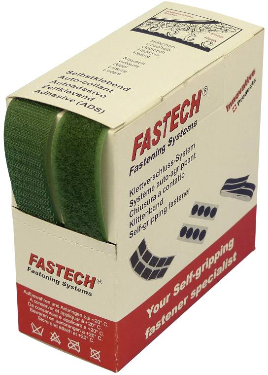 Verpackung von Fastech Klettverschluss-System, selbstklebend, grün. Geeignet für diverse Befestigungszwecke.