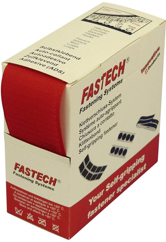Rolle mit rotem Klettverschlussband in einer Schachtel, beschriftet mit 'FASTECH Fastening Systems', geeignet für Temperaturen bis -20°C.