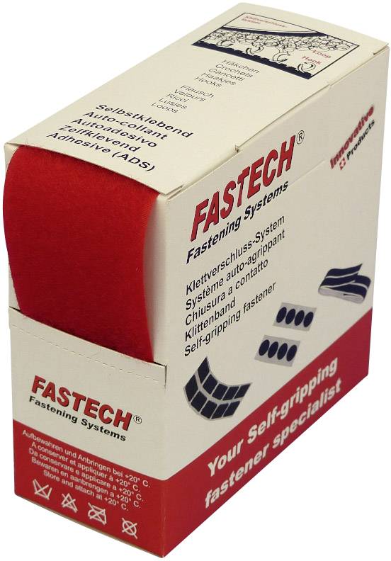 Eine Verpackung von 'Fastech' Klettverschlussband, selbstklebend. Verpackungsdesign in Rot und Beige mit Text in mehreren Sprachen.