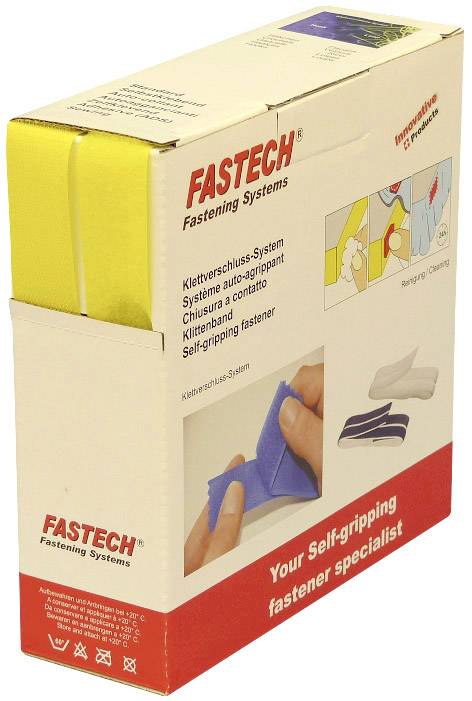 Verpackung von Klettverschluss mit gelbem Stoff sichtbar. Texte betonen selbsthaftendes System und einfache Anwendung.