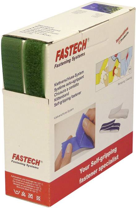 Verpackung eines Klettverschluss-Systems mit Bildern zur Anwendung. Markenname 'FASTECH' und Beschreibung auf mehreren Sprachen.
