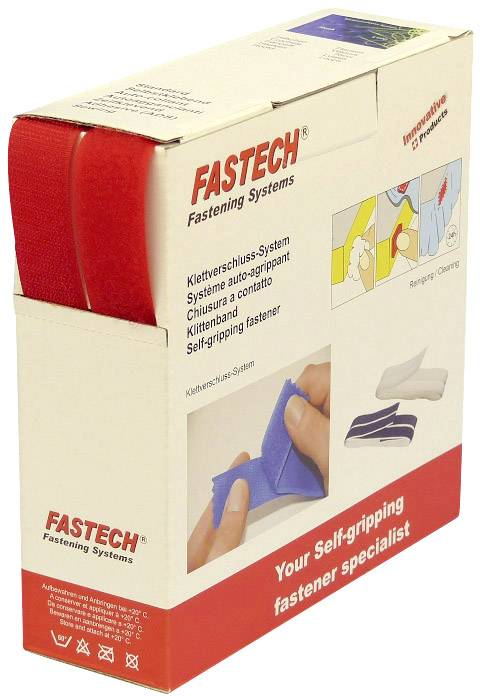 Verpackung eines Klettverschluss-Bandsystems von Fastech, mit rotem Band sichtbar. Beinhaltet Informationen über ein selbstgreifendes Verschlusssystem.