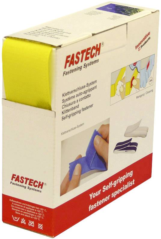 Eine Verpackung mit FasTech Klettverschluss-System, zeigt eine gelbe Klettbandrolle und Anwendungsbilder auf der Seite.