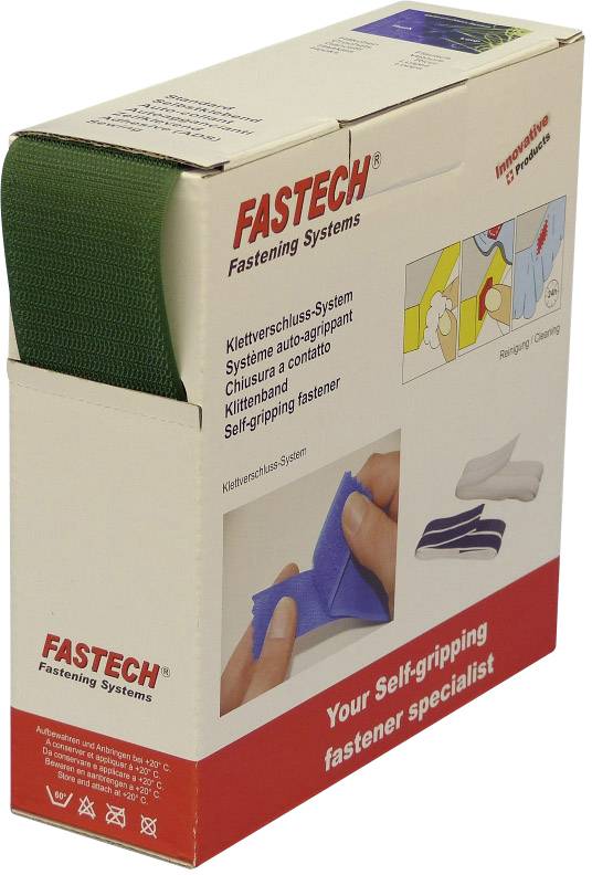 Packungsdesign eines selbstklebenden Klettverschluss-Systems von Fastech. Zeigt Anwendungsschritte und hebt die einfache Verwendung hervor.