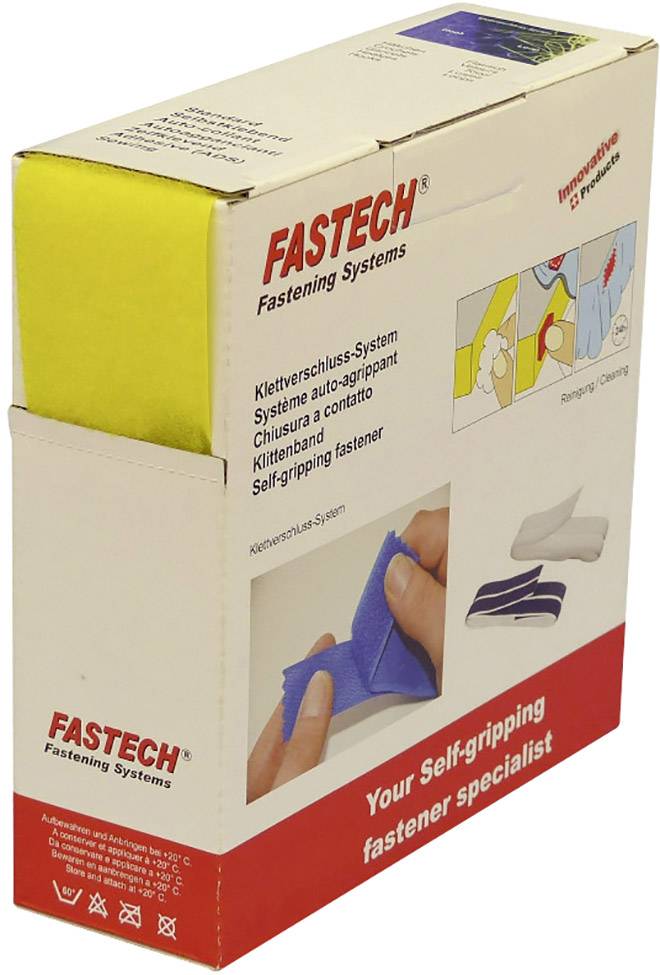 Klettverschlusssystem in Blau und Weiß. Verpackung zeigt Anleitung zum Anbringen und Entfernen des Systems. Marke: Fastech.