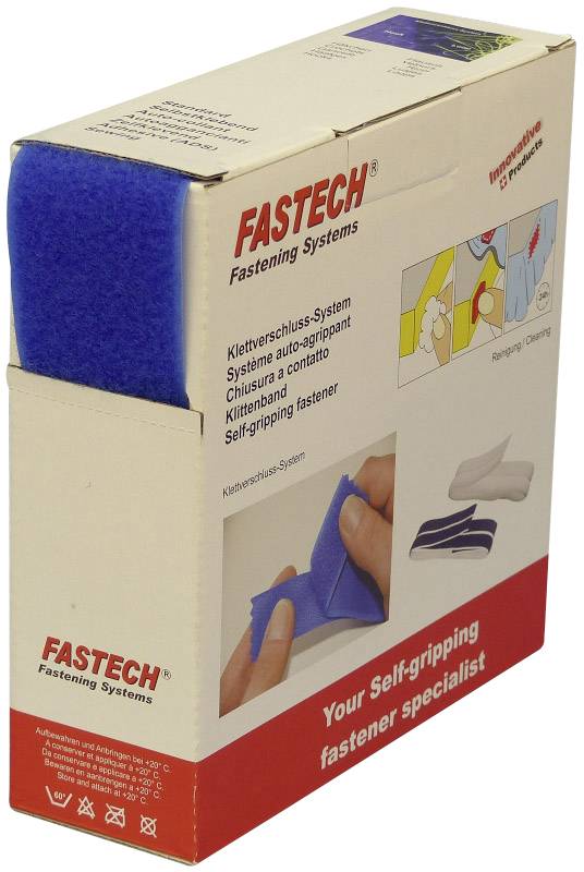 Verpackung eines Klettverschluss-Systems von Fastech, zeigt blaues Klettband und Anwendungsbilder; Text: 'Your Self-gripping fastener specialist'.