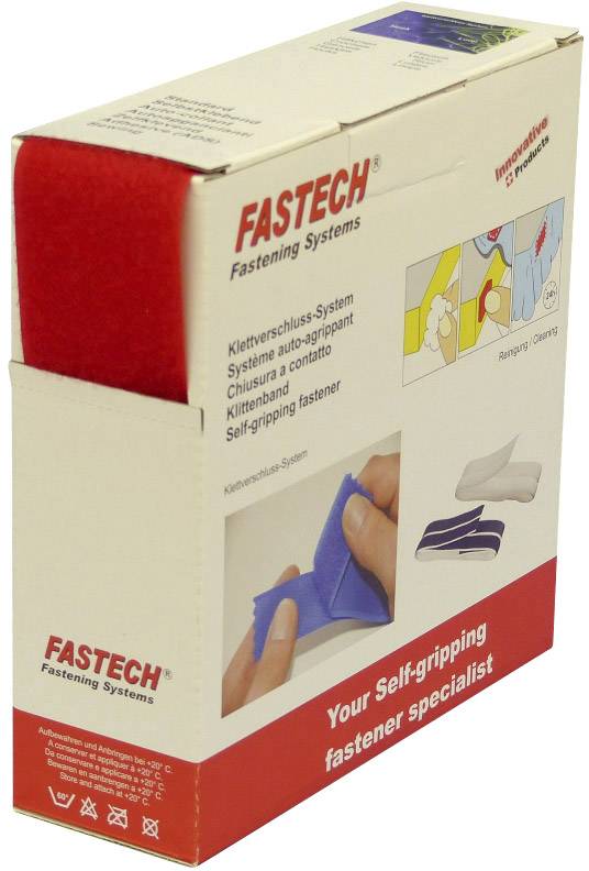 Verpackung eines Klettverschluss-Systems von Fastech. Aufdruck zeigt Anwendungen und Text 'Self-gripping fastener'.