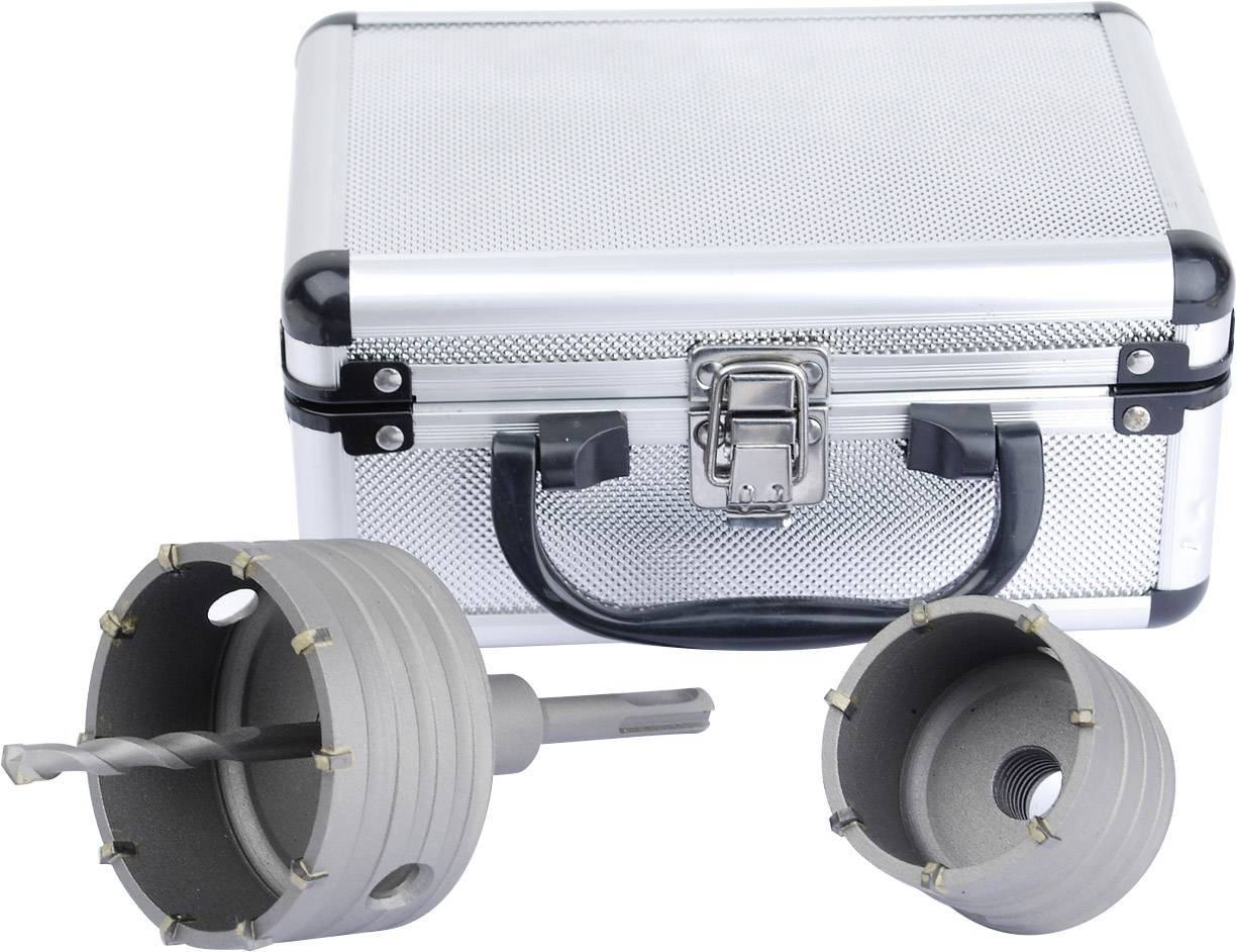 Bohrkrone-Set mit Aufbewahrungskoffer aus Metall, bestehend aus zwei unterschiedlich großen Bohrkronen, eine mit eingesetztem Bohrer.