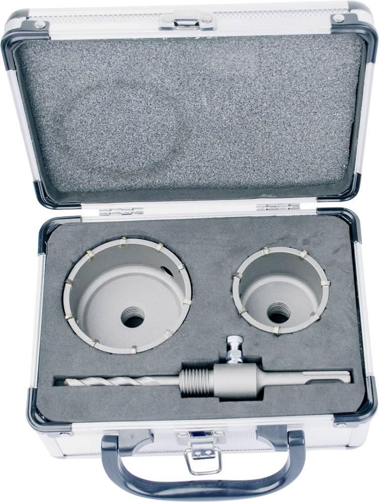 Aufbewahrungskoffer mit zwei Lochsägen, Bohrer und einem Adapter, ausgekleidet mit Schaumstoff für Schutz.