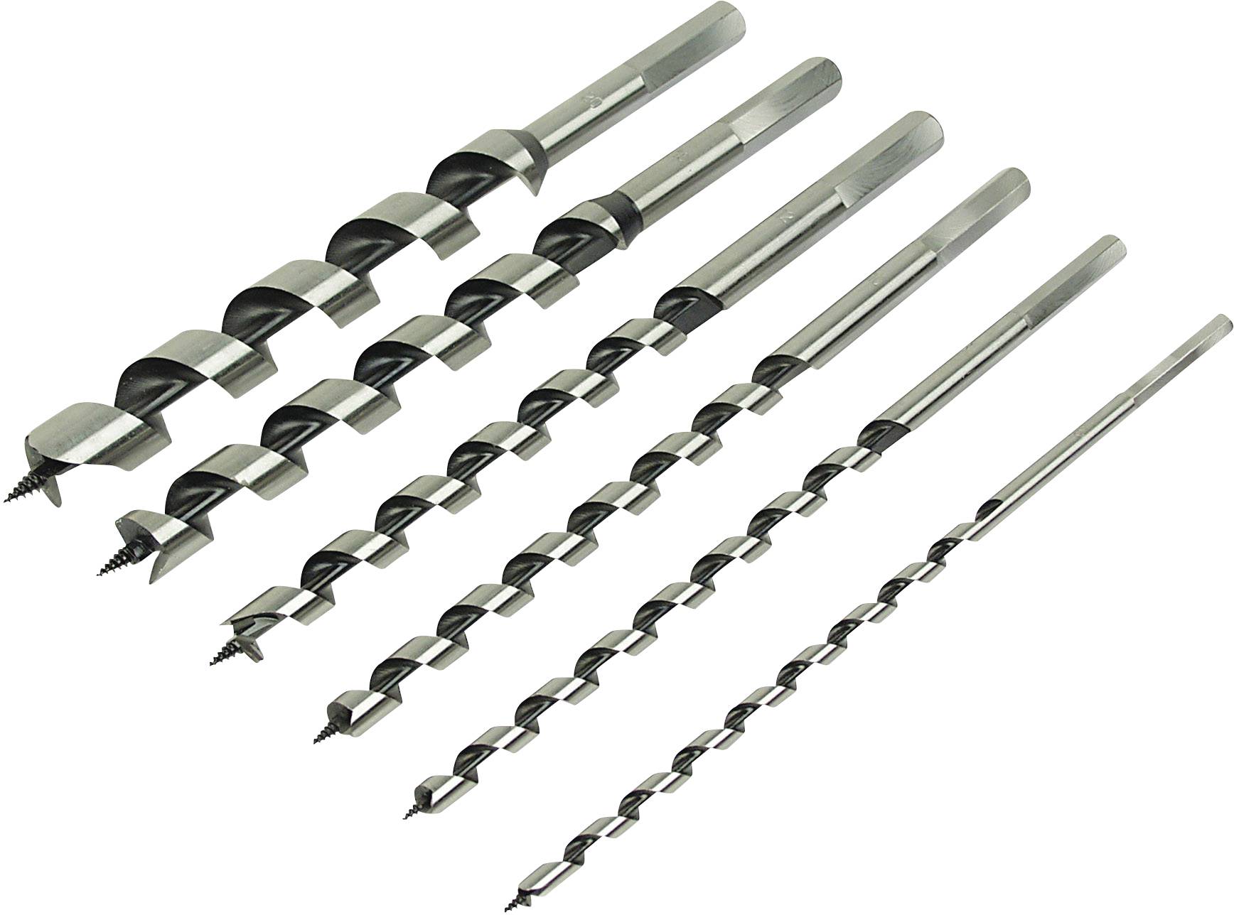 Sechs Bohrer in verschiedenen Größen, nebeneinander liegend. Sie sind spiralförmig und aus Metall, geeignet für Holzbohrungen.