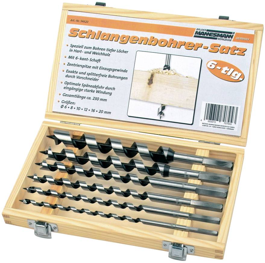 Schlangenbohrer-Satz, 6-tlg., mit Holzbohrer in Holzkiste. Geeignet für tiefe Löcher in Hart- und Weichholz. Größen 10-20 mm.