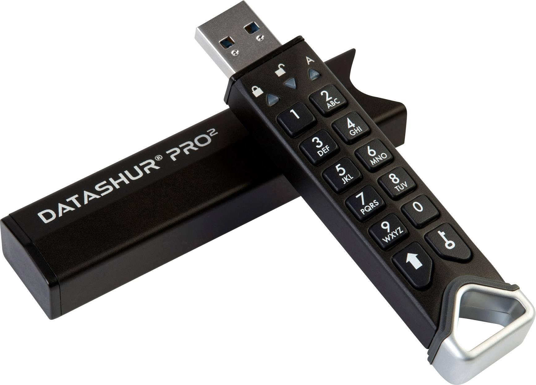 USB-Stick mit eingebauter numerischer Tastatur für PIN-Eingabe, daneben eine Hülle mit der Aufschrift 'Datashur Pro2'.