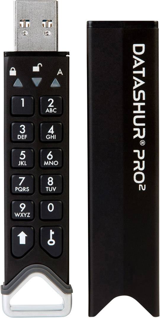 USB-Stick mit Zifferntastatur und abnehmbarem Deckel. Beschriftet mit 'DATASHUR PRO 2'. Sicherheitsmerkmale deutlich sichtbar.