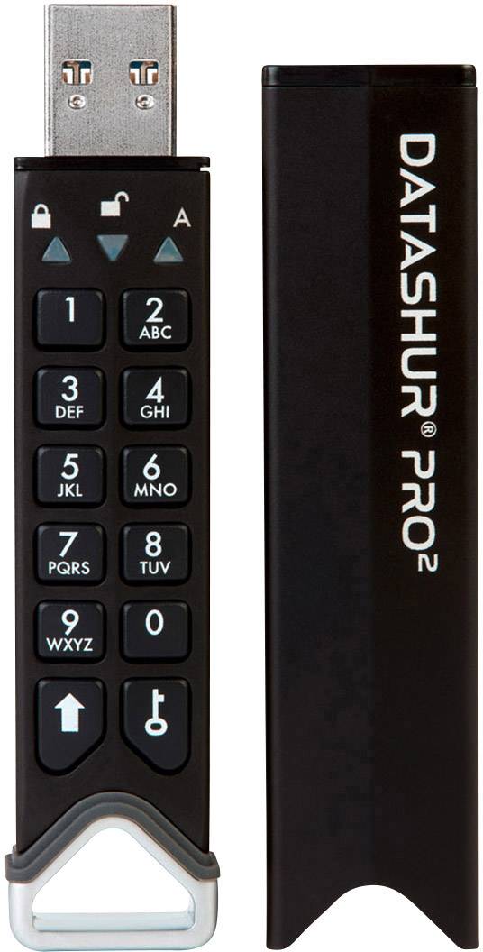 Ein USB-Speicherstick mit Tastenfeld zum Eingeben eines PIN-Codes, neben einer schwarzen Schutzkappe mit der Aufschrift 'DATASHUR PRO 2'.