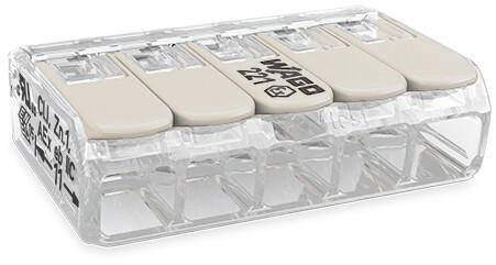 Transparente WAGO-Klemme mit fünf Anschlüssen, geeignet zum Verbinden von elektrischen Leitungen.