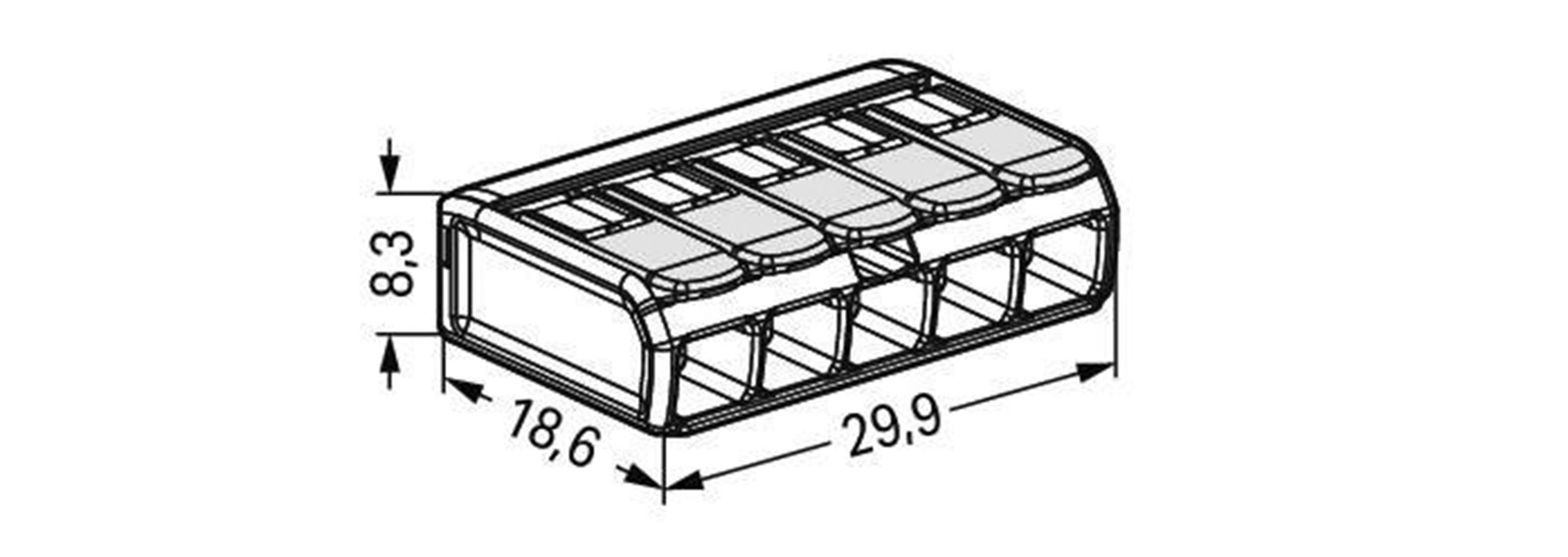 Drahtklemme im Querschnitt mit den Maßen 29,9 mm Länge, 18,6 mm Breite und 8,3 mm Höhe.