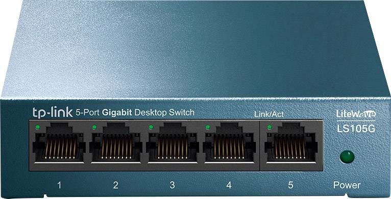 Ein TP-Link 5-Port Gigabit Desktop Switch (Modell LS105G) mit fünf Ethernet-Ports, LED-Anzeigen für jeden Port und einer Power-LED.