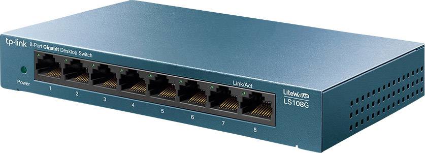 Netzwerkschalter mit acht Ethernet-Ports, Marke TP-Link. Vorderseite zeigt Ports mit LED-Anzeigen. Gerät in blau-grüner Farbe.