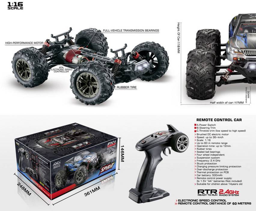 Absima Spirit Schwarz, Rot Brushed 1:16 RC Modellauto Elektro Monstertruck Allradantrieb (4WD) RtR 2,4GHz inkl. Akku und Ladekabel