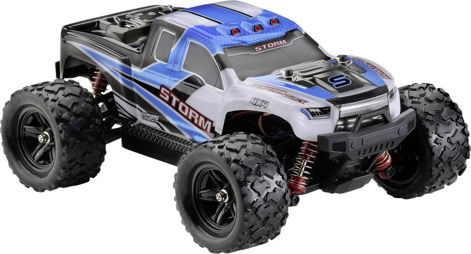 Ferngesteuertes Auto mit blauer und weißer Karosserie, Aufschrift 'Storm', große Reifen und detaillierte Federung, ideal für Offroad.