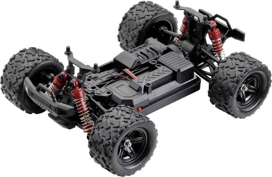 Ein ferngesteuertes Auto ohne Karosserie zeigt detailreiche Federung, große Reifen und sichtbare Elektronik.