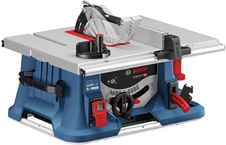 Eine blaue und silberne Tischkreissäge der Marke Bosch mit schwarzen und roten Bedienelementen, geeignet für präzise Holzarbeiten.