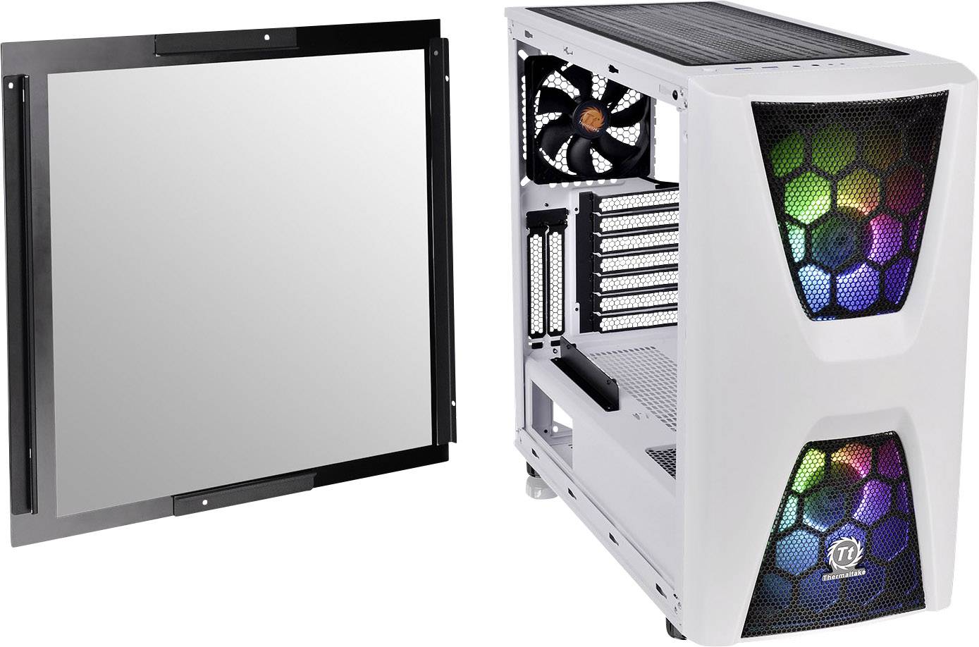 Thermaltake COMMANDER C34 TG Midi-Tower PC-Gehäuse, Gaming-Gehäuse Weiß, Schwarz 2 Vorinstallierte LED Lüfter, 1 vorinstallierter