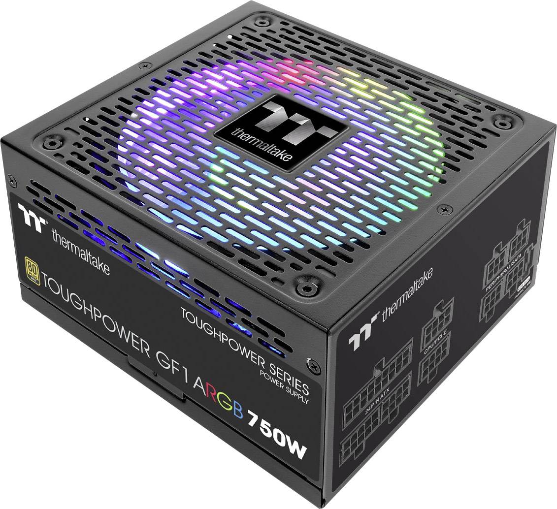 Schwarzes Netzteil 'Thermaltake Toughpower GF1 750W' mit RGB-beleuchtetem Lüfter, geeignet für leistungsstarke Computer.
