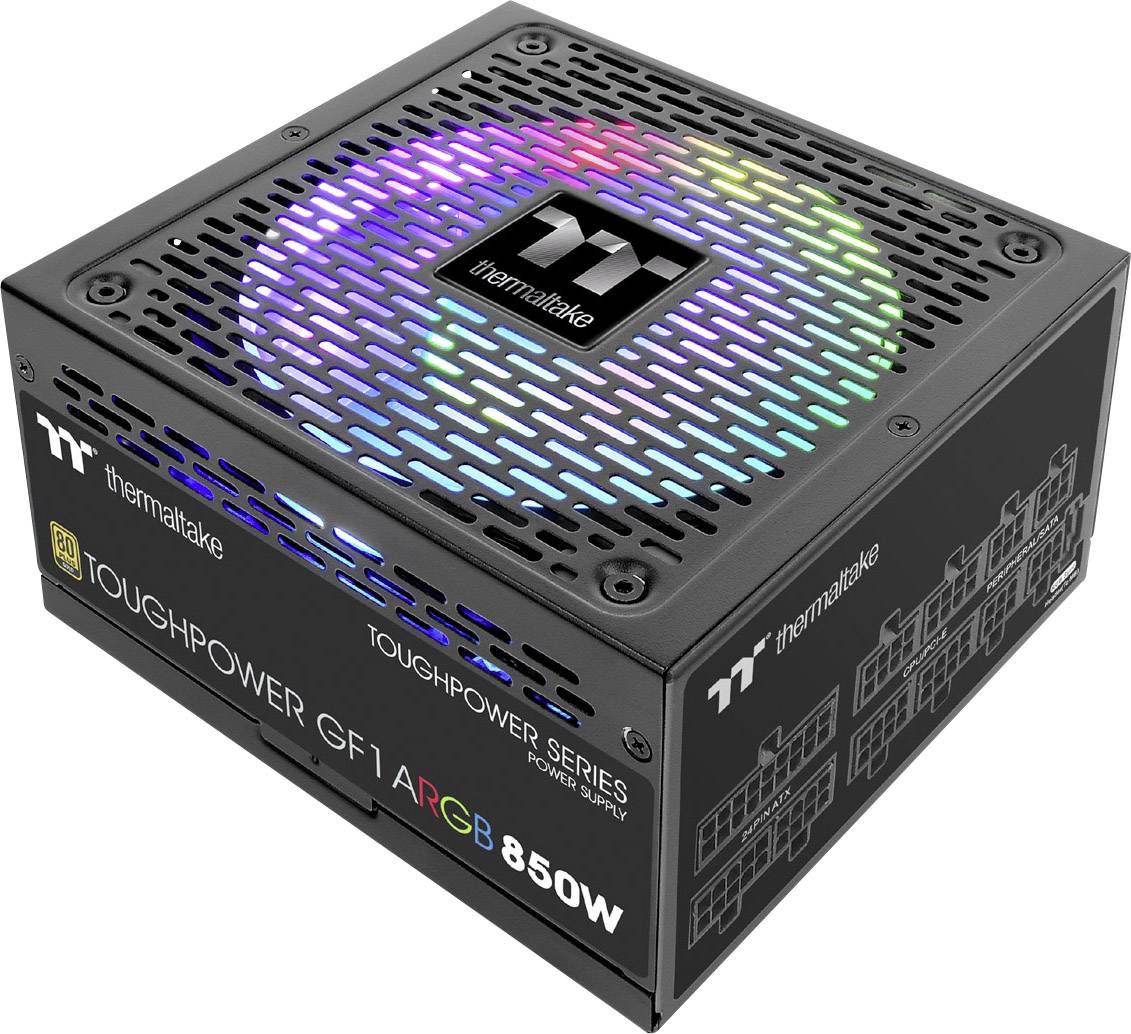 Schwarzes Thermaltake-Netzteil Toughpower GF1 ARGB 850W mit RGB-beleuchtetem Lüfter und Logo. Geeignet für Gaming-PCs.